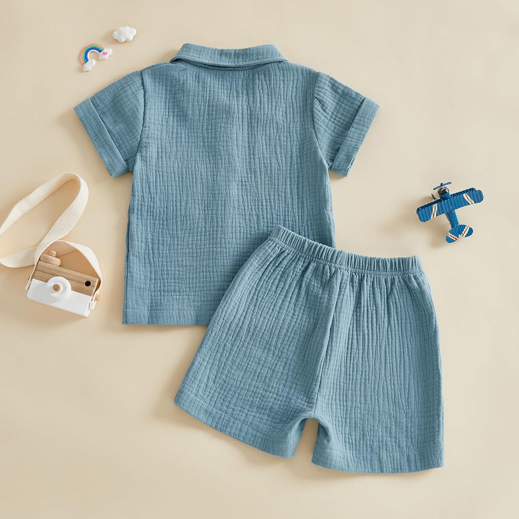 Baby Boy Summer Outfit 2PCS Button Down Shirt Tops + Shorts with Pocket Toddler Infant Triple Cotton Gauze Clothes Set