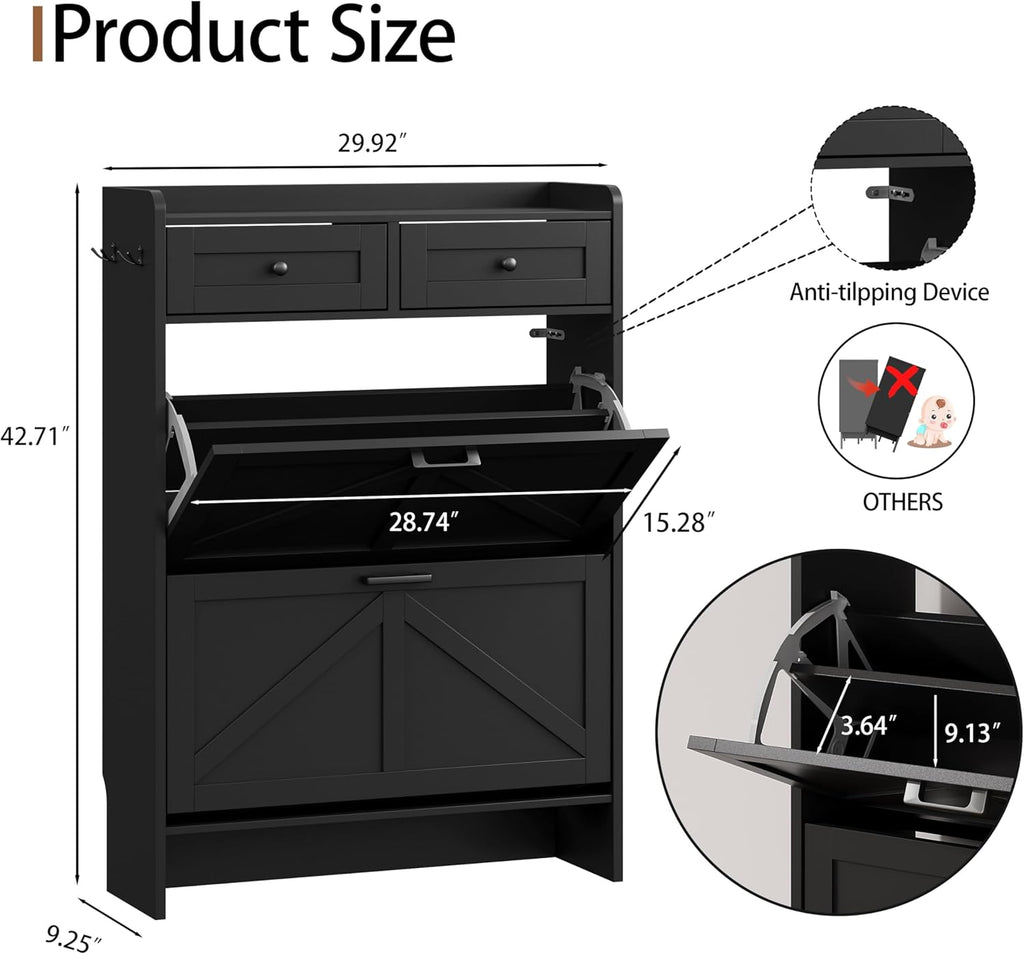 Shoe Cabinet with 2 Flip Drawers & 2 Top Drawers, 43" Tall Freestanding Narrow Wooden Shoe Storage Organizer , Hidden