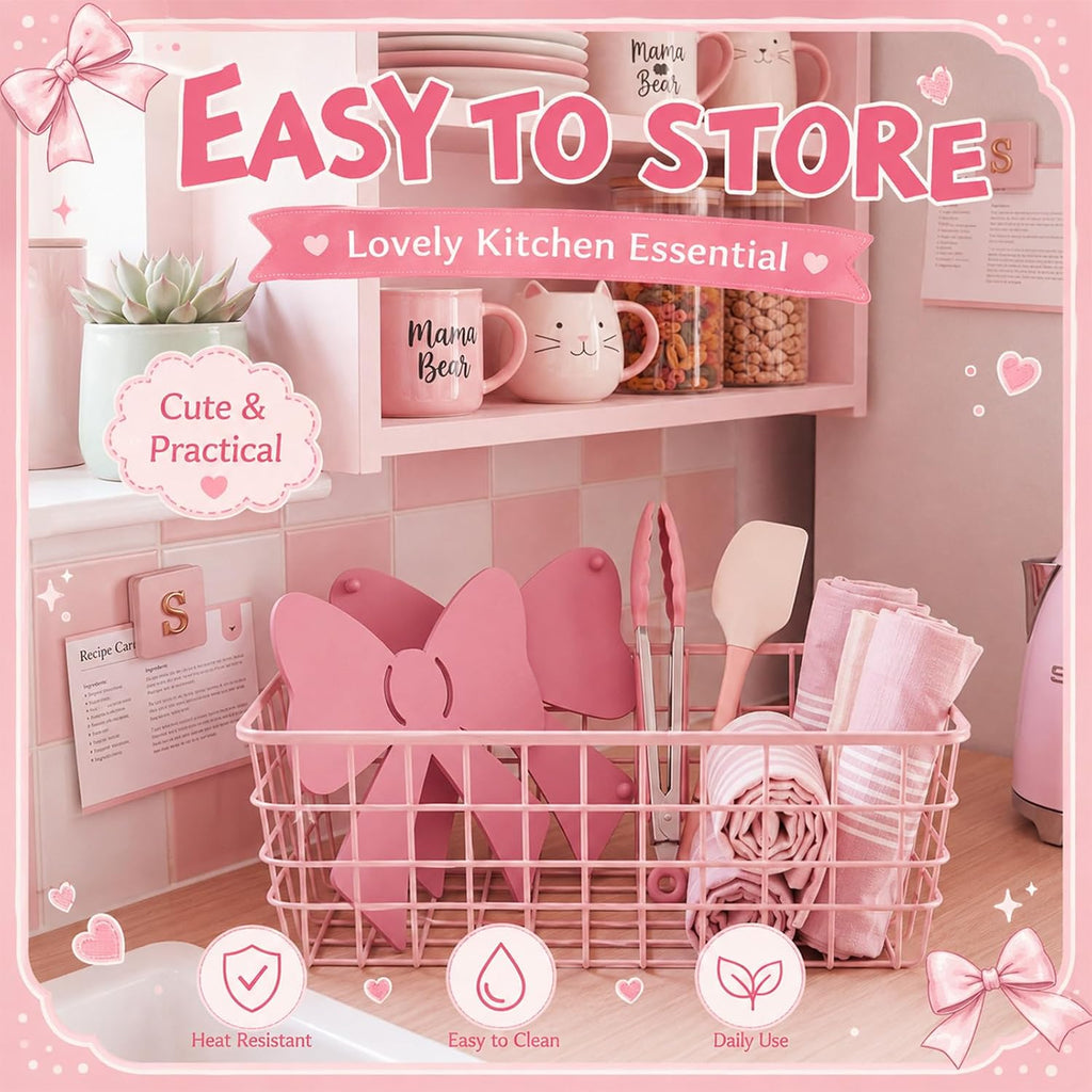 Pink Bow Cast Iron Trivets for Hot Dishes, Heat Resistant Kitchen Trivet Set for Countertop Protection - Set of 2