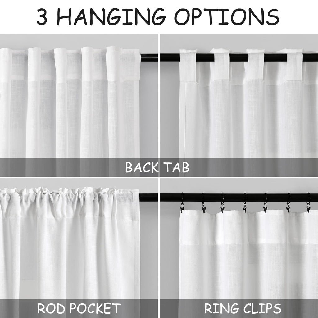 Extra Long White Curtain 102 inches Long 2 Panels Set Back Tab Modern Farmhouse Decor Cotton Textured Off White Sheer