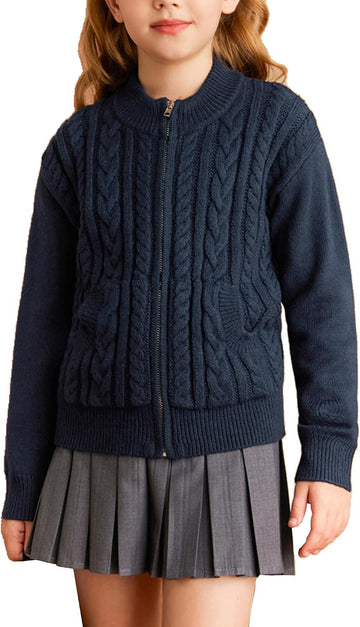 Girls Zipper Knit Sweater Cardigan School Uniform Jacket