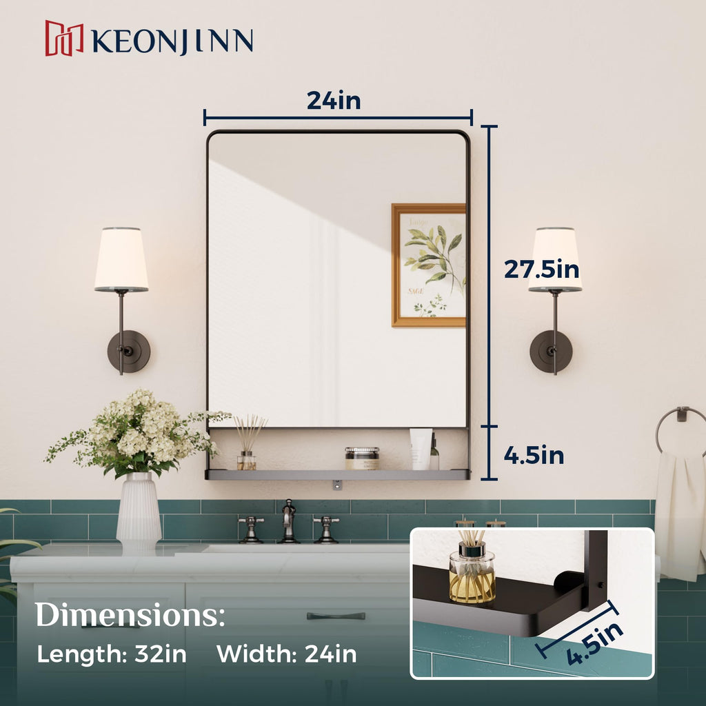 24 x 32 in Black Bathroom Mirror with Shelf, Rounded Corner