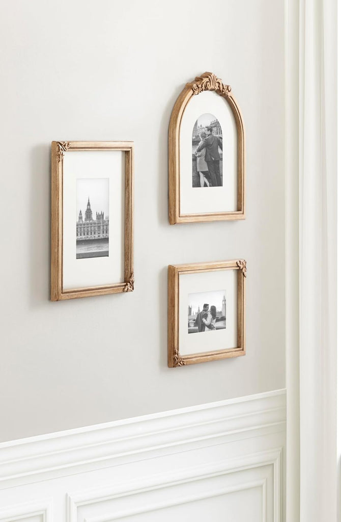Arendahl Three-Piece Picture Frame Set, Antique Gold, Set of 3, Varying Sizes, Vintage Rectangle and Arched Photo