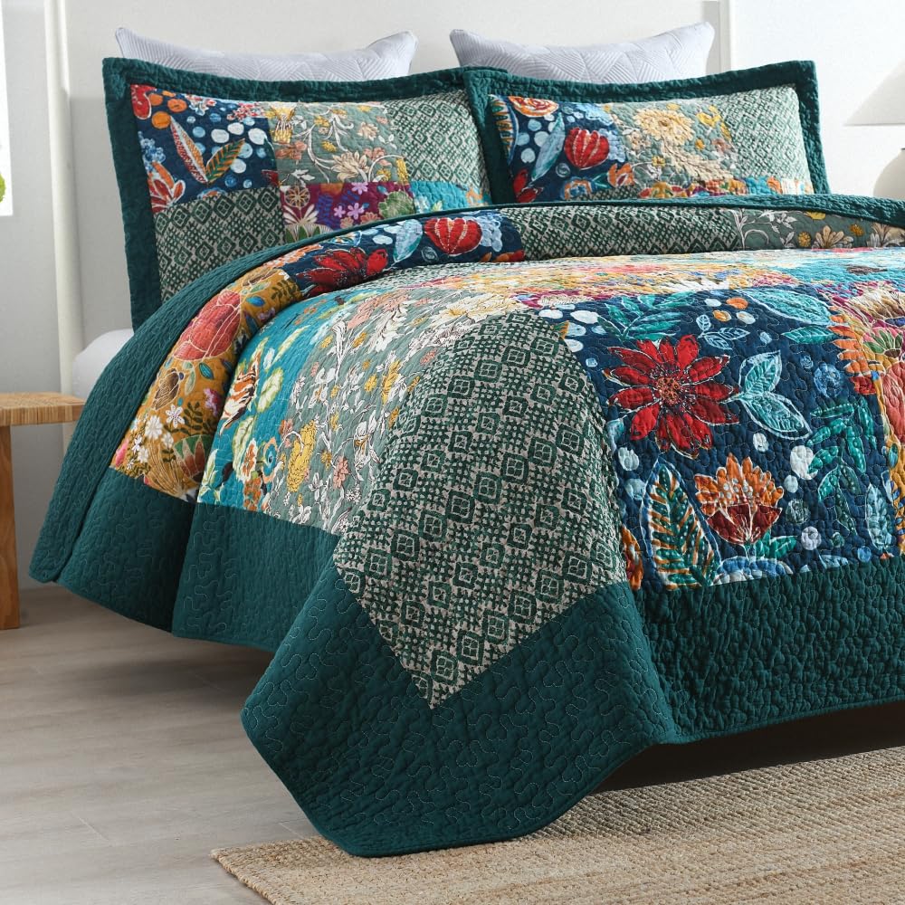 Cotton Bedspread Quilt Sets Reversible Bedding Coverlet Sets Comforter, Vintage Floral Patchwork Turquoise Bedspread