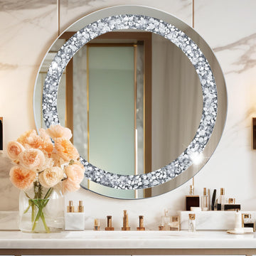28x28in Crystal Crushed Diamond Decor Mirror, Round Wall Mirror, Silver Mirror, Home Decoration Hanging Mirror