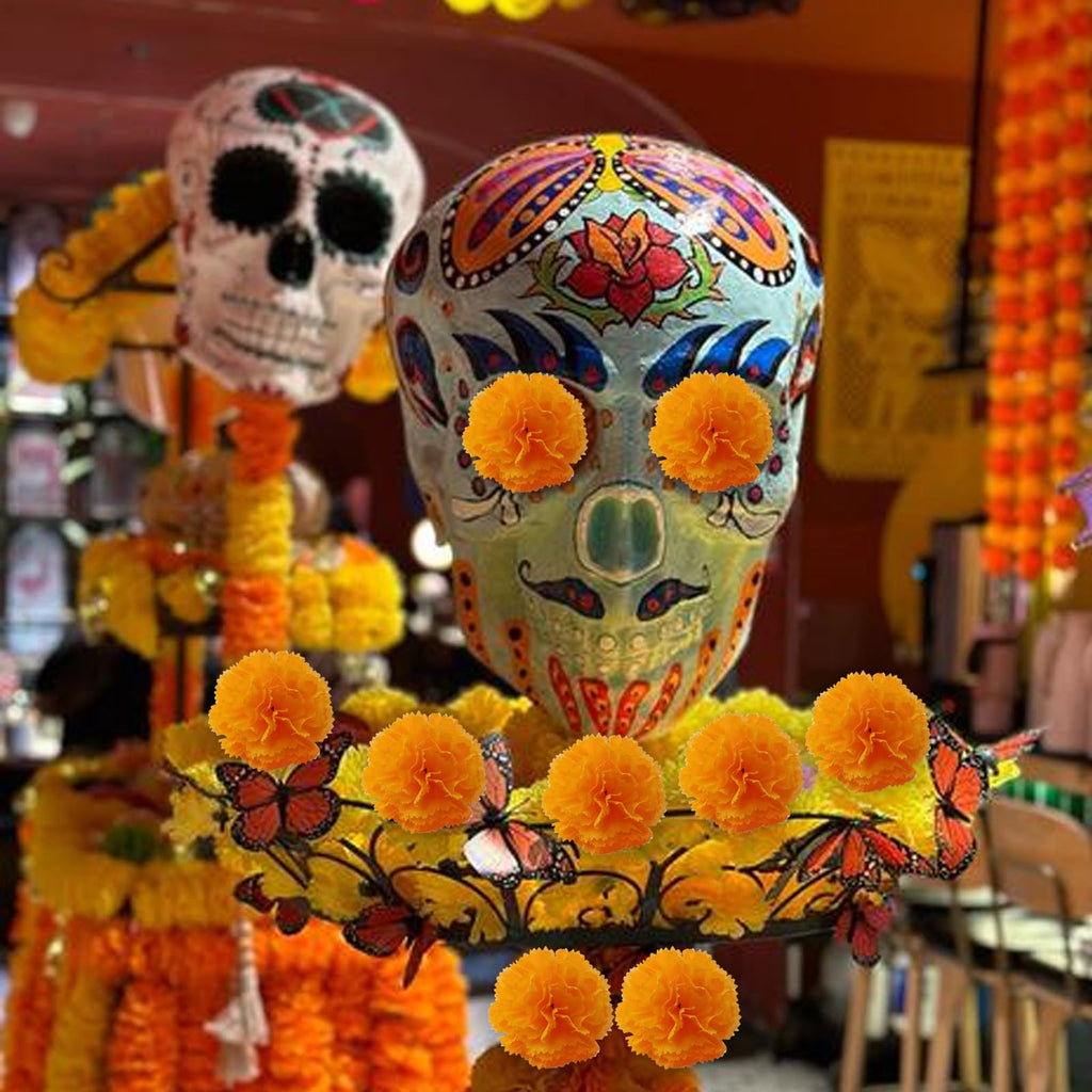 Marigold Flower Heads Bulk, Silk Marigold with Stems Artificial Flowers for Diwali Home Decor Day of The Dead