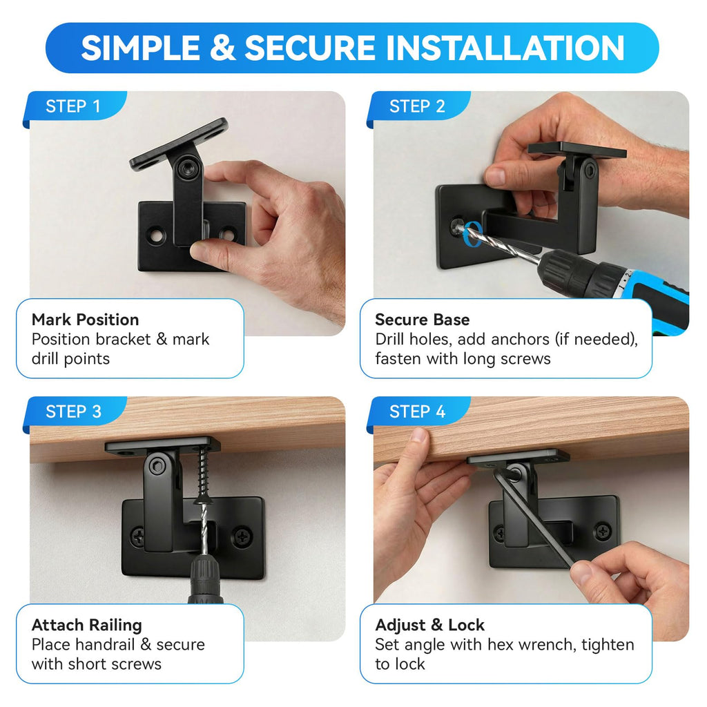 6 Pack Handrail Brackets, Adjustable Handrail Bracket for Staircase Black