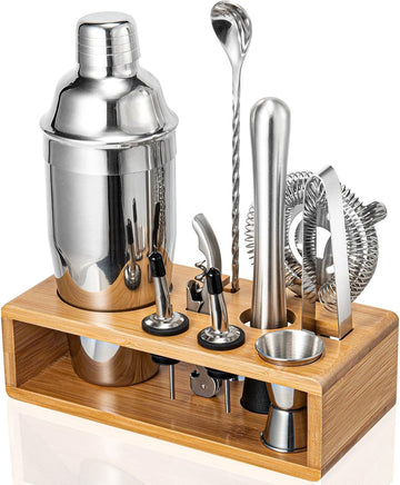 Cocktail Shaker Set, 18/8 Food-Grade Stainless Steel Mixology Bartender Kit 10-Piece Bar Tools with Stylish Bamboo - Set of 10