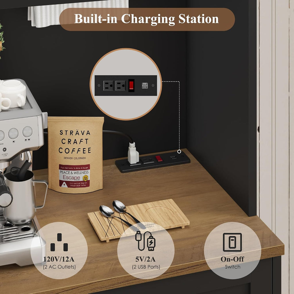 75" Kitchen Pantry Storage Cabinet, Coffee Bar Hutch Cabinet, Black | Tall Pantry Cabinet with Charging Station /