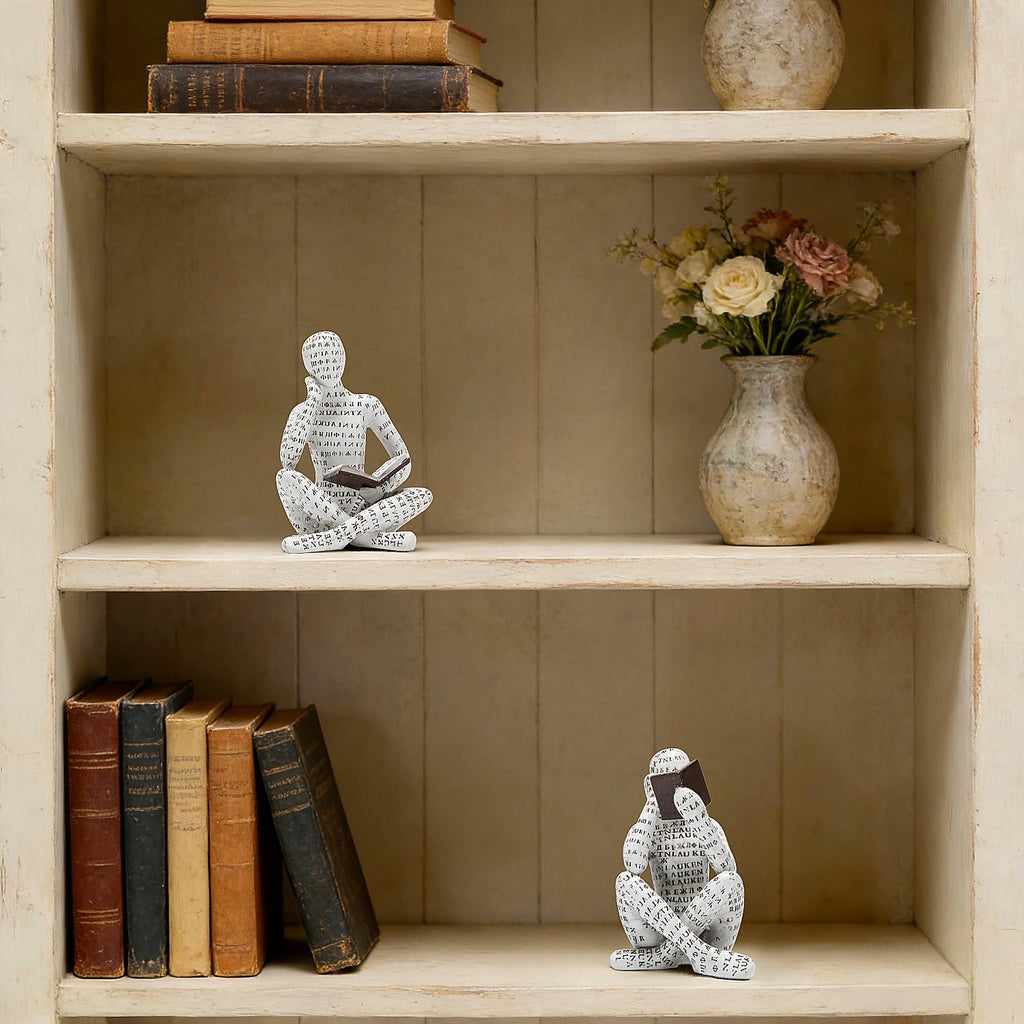 Abstract Art Pulp Reading Thinker Sculpture Bookshelf Decor, White, Set of 2