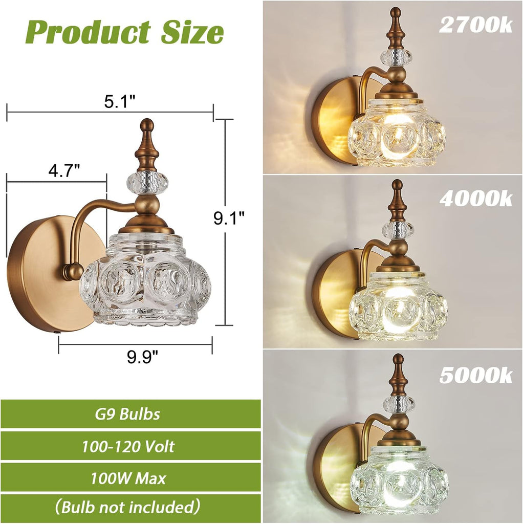 Vintage Wall Sconces, 1-Light Wall Lighting with Crystal Glass Shade, Matte Brushed Antique Brass Finish, Crystal
