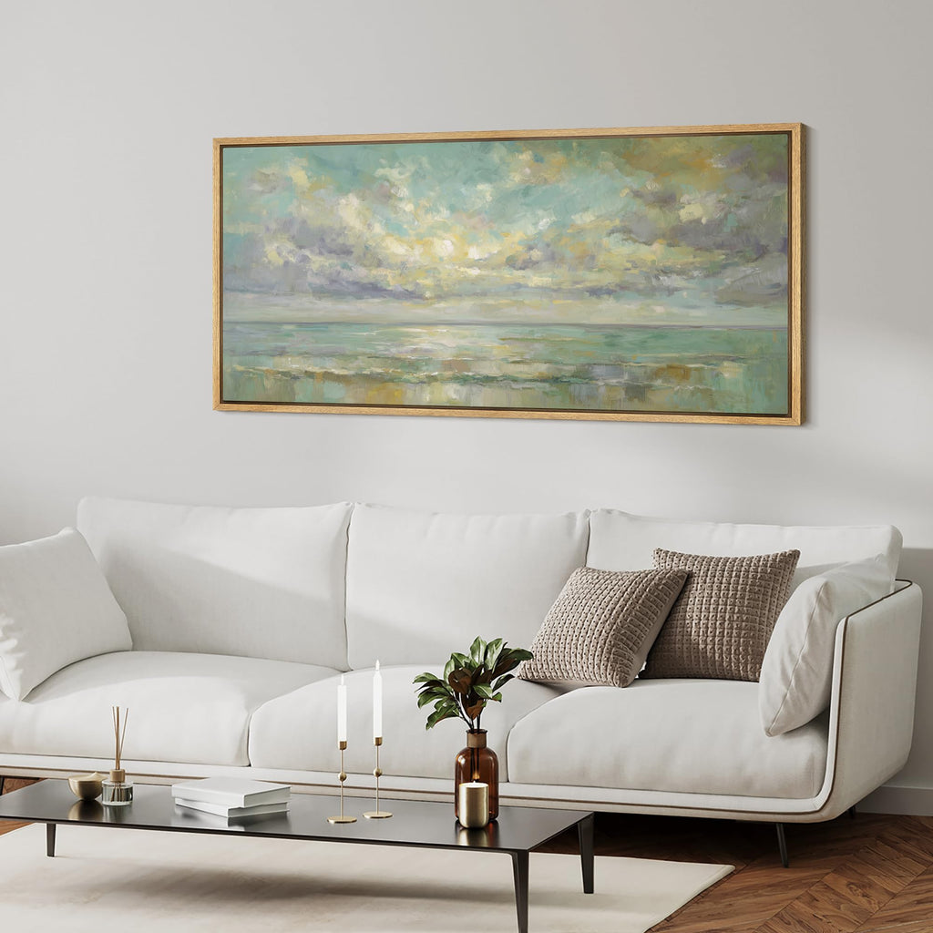 Extra Large Framed Canvas Print Wall Art Serene Ocean Sunrise Horizon Soft Coastal Seascape Landscape Antique Retro