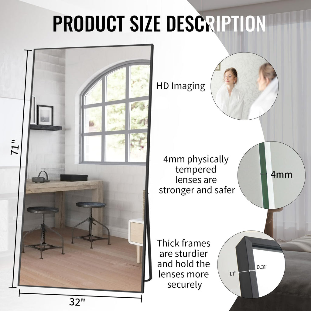 71" x 32" Full Length Mirror with Stand, Black Large Floor Mirror