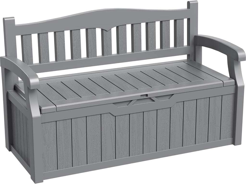 80 Gallon Storage Bench Outdoor Deck Box with Armrest, Grey | Patio Furniture,Lockable, Waterproof and UV Resistant