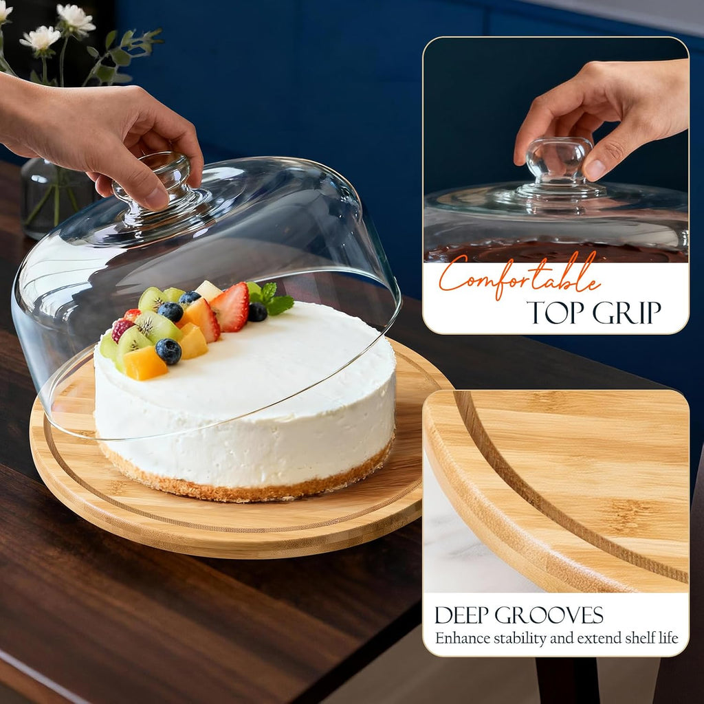 Rotating Bamboo Cake Stand with Shatterproof Acrylic Dome,11.8in