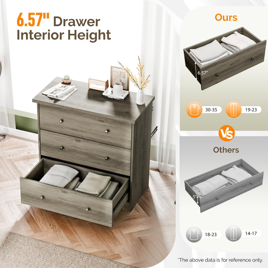 3 Drawer Dresser with Charging Station, Small Dresser Grey Chest of Drawers, 31.5" W Gray Wood Dressers, 15.75" D x