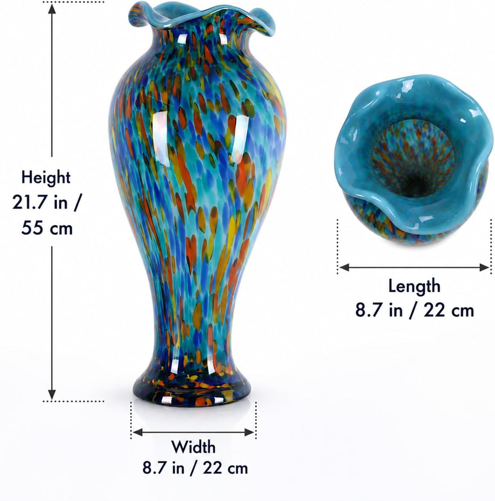 20" Tall Hand Blown Glass Vase - Pretty Ruffle Wide Mouth Decorative Flower Vase, for Modern Home Decor, Ideal
