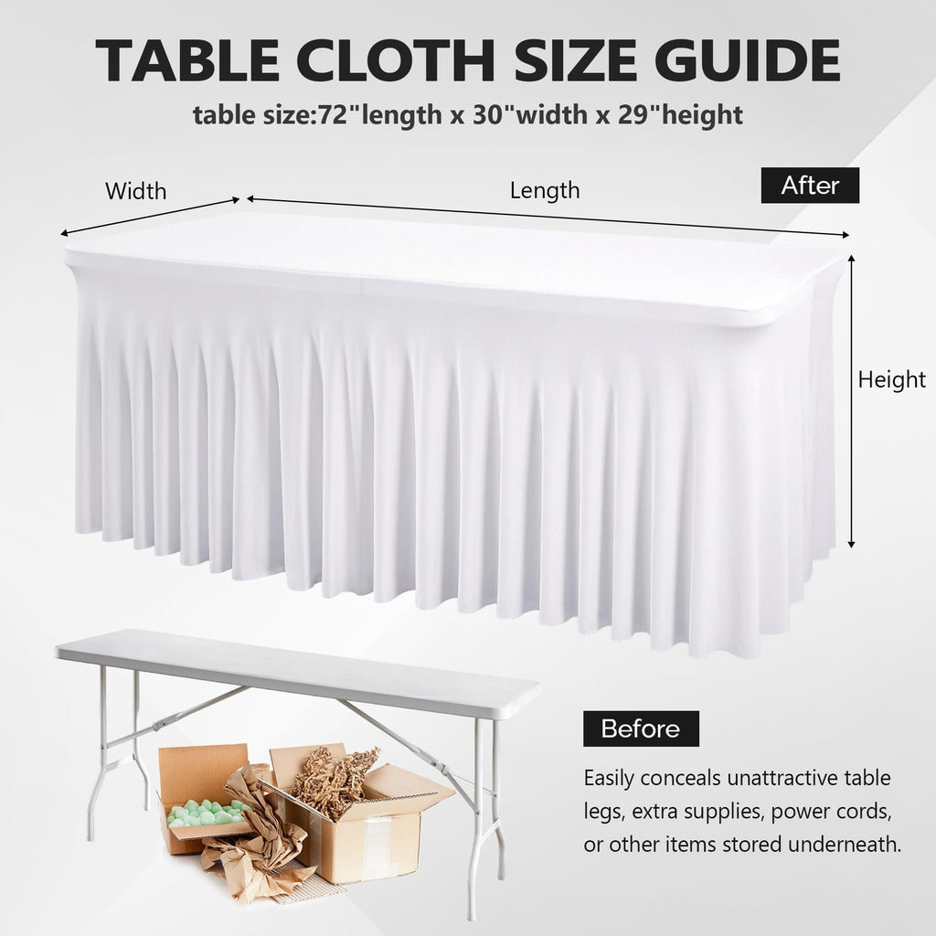 Care 12 Pack White Spandex Table Clothes for 6 Foot Rectangle Tables, 6FT Wrinkle Free Fitted Tablecloths Ruffles