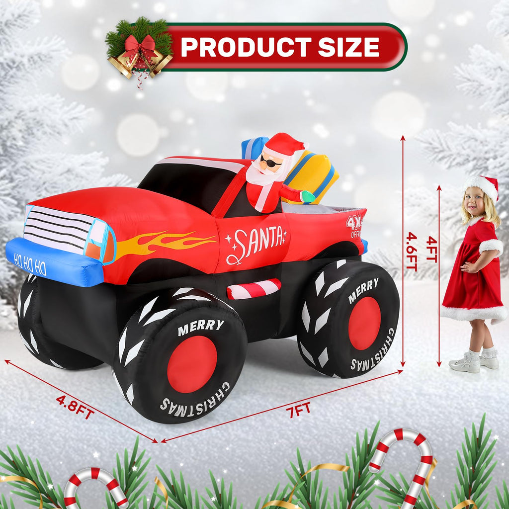 7 FT Long Santa in Monster Truck Christmas Inflatables Outdoor Decorations, Christmas Blow Up Santa Claus Yard