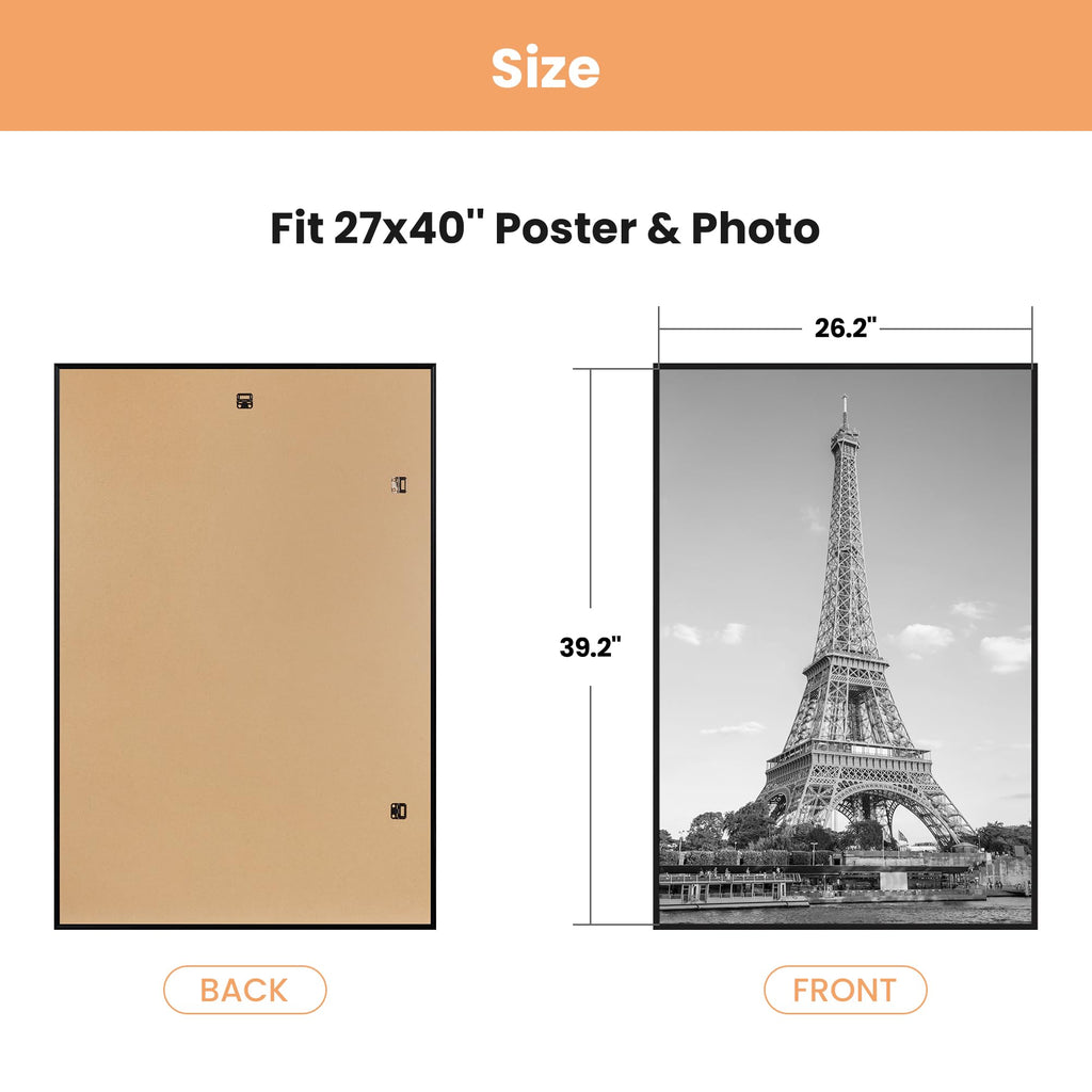 27x40 Poster Frame, Easy Slide-In Assembly, Black, 3 Pack