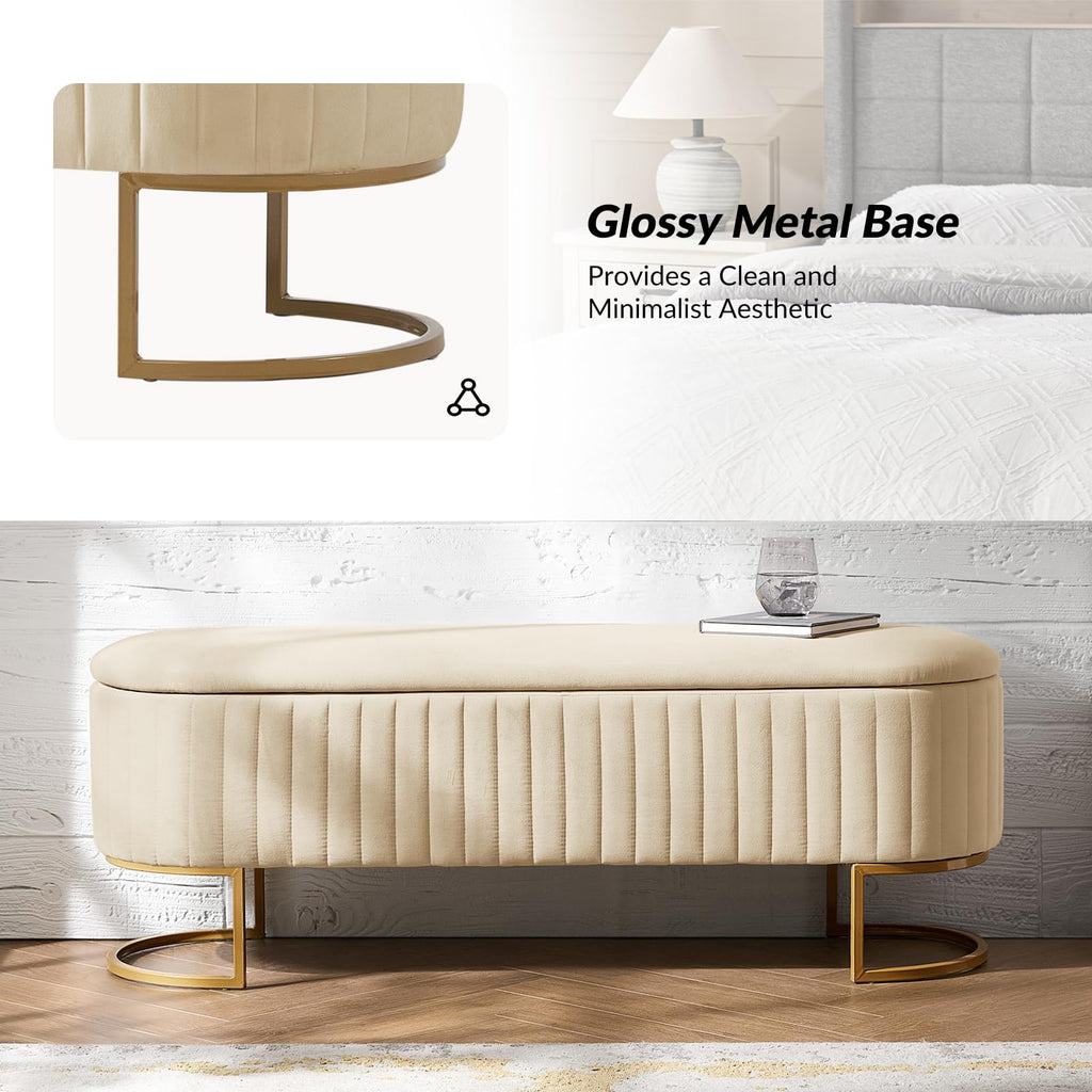 50.5" Velvet Storage Ottoman Bench with Gold-Toned Legs, Luxury Upholstered End of Bed Multi-Functional Footrest &