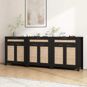 90" Rattan Sideboard Buffet Cabinet, Boho Storage Cabinet, 3PCS