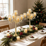 5 Arms Crystal Candelabra Centerpieces for Tables, Gold Floor Candle Holder with Glass Shade Pendants, 33 inch Tall