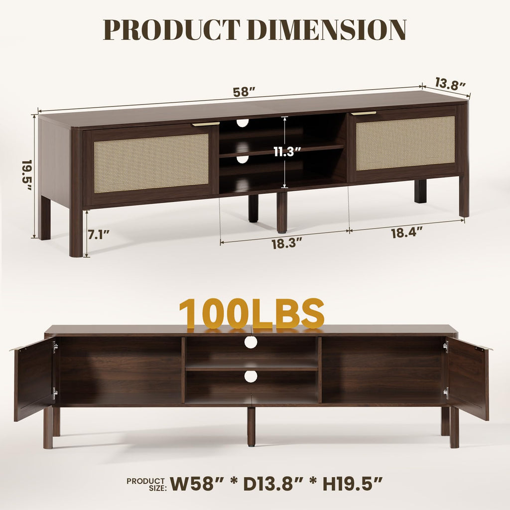 Rattan TV Stand Walnut 58"
