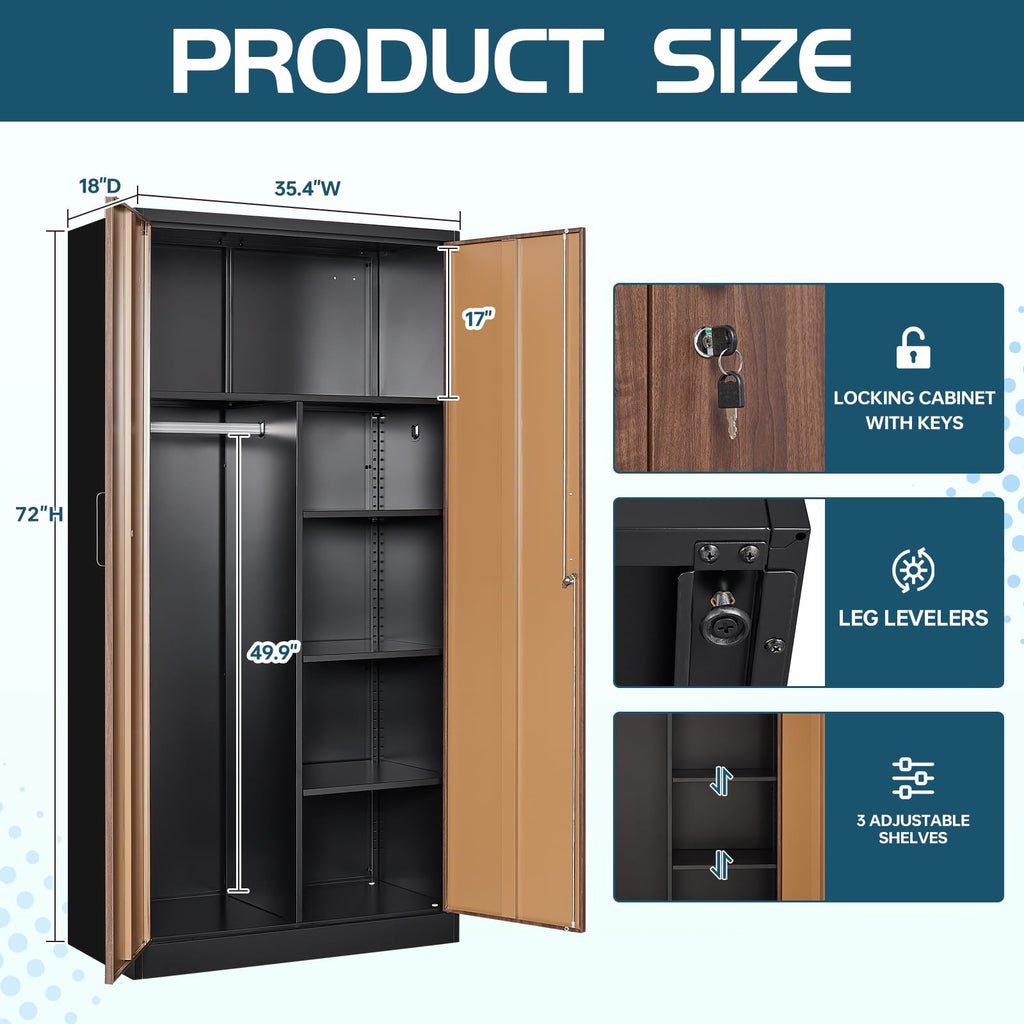 Metal Wardrobe Cabinet with Locking Doors, Metal Storage Armoire Closet for Clothing, 2 Door Woodgrain Locker Cabinet
