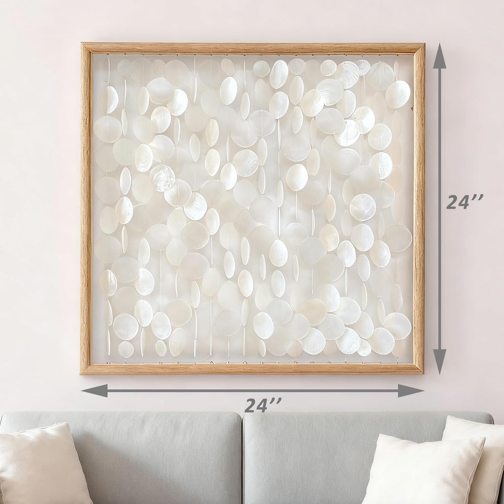 3D Handmade 24"x24" Capiz Shell Wall Hanging Decor, Solid Wooden Framed Coastal Wall Decor, Minimalist White Sea