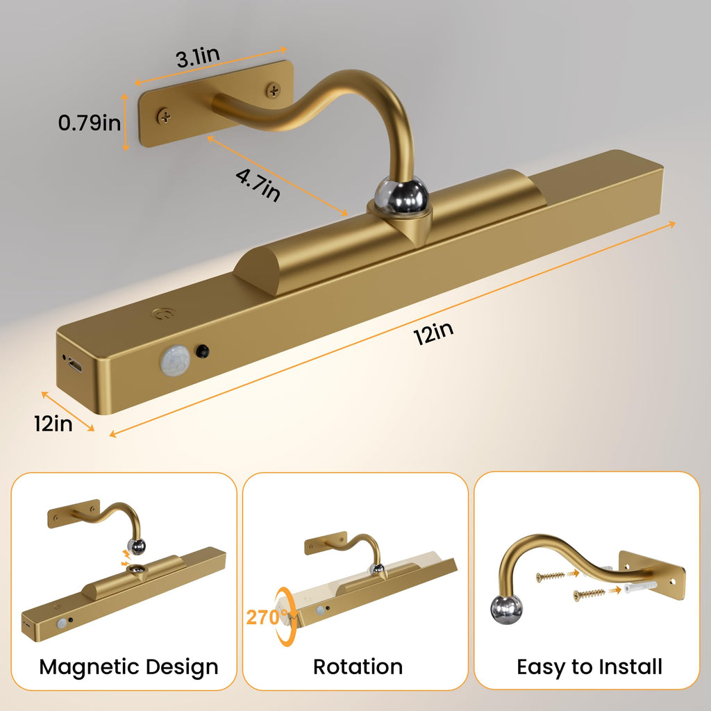 Rechargeable Motion Sensor Picture Light for Wall, 12 Inch, Brass, 2 Pack