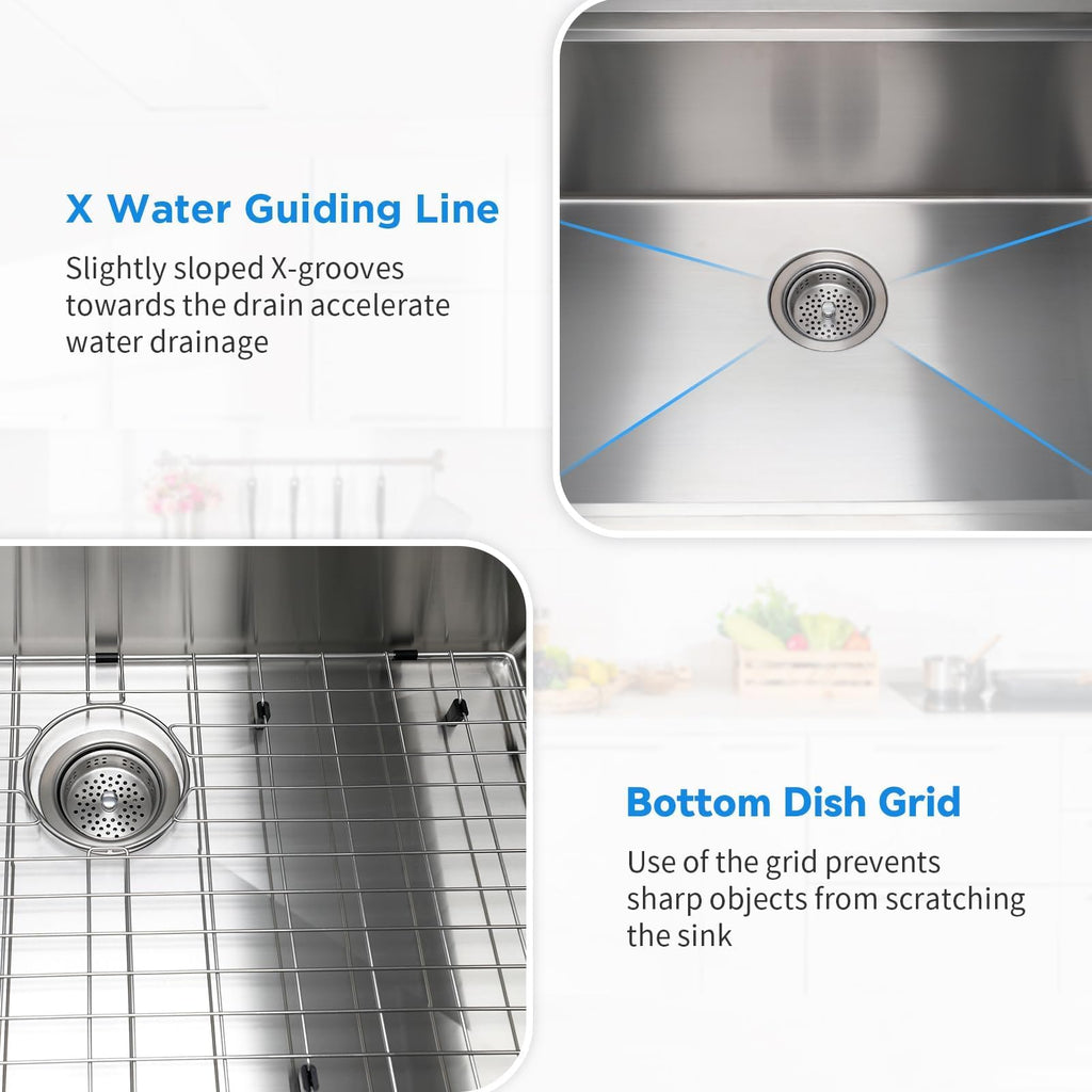 33 Inch Undermount Kitchen Sink with Quiet Drain - 11 Gauge Stainless Steel Sink Single Bowl - Multifunctional