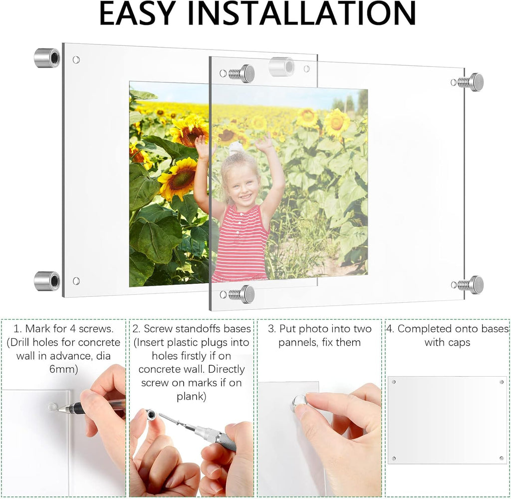 8 Pack Acrylic Floating Picture Frame Wall Mount Frameless Photo Frames Double Panel Clear Home Photography Display