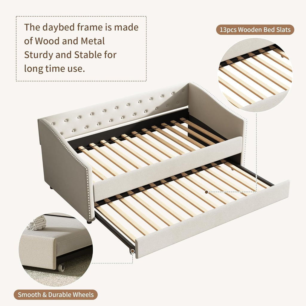 Twin Size Upholstered Daybed with Trundle | Twin Size Trundle,Button-Tufted Back, Piping on Waved-Shape Arms, Solid