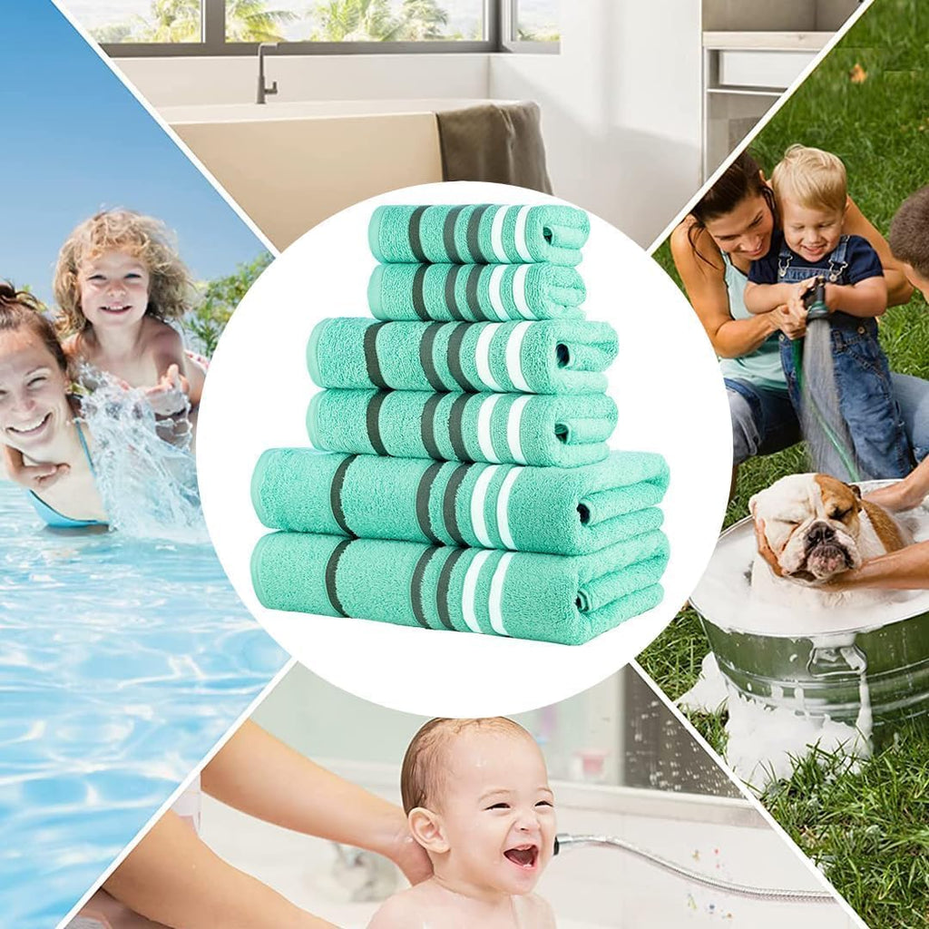 Exotic 6Pcs 100% Egyptian Cotton Large Designer Towels Gift Set- Blue-Green - 2Bath 2Hand 2Washcloths, Bath