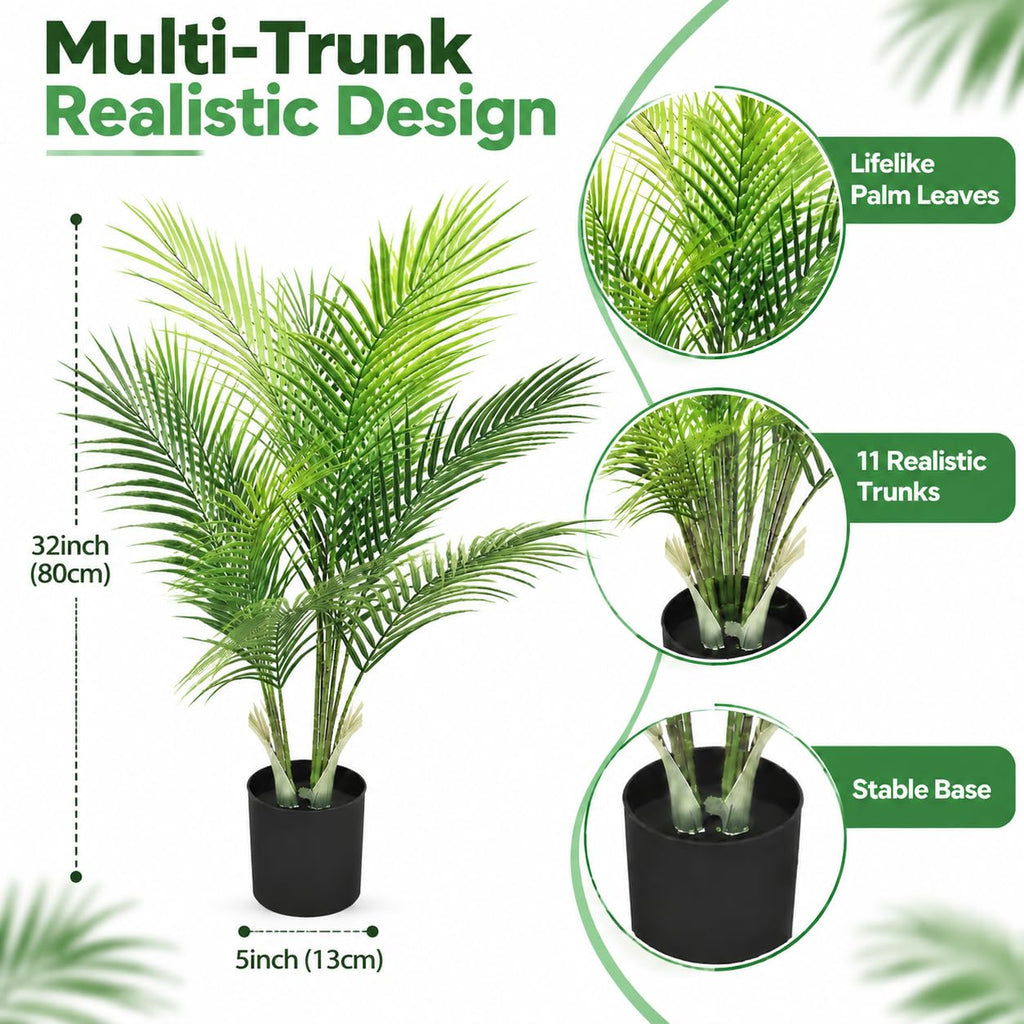 32-Inch Artificial Palm Tree, Faux Palm Tree with 11 Trunks and Pot, Palm Trees for Outside Patio, Indoor & Outdoor