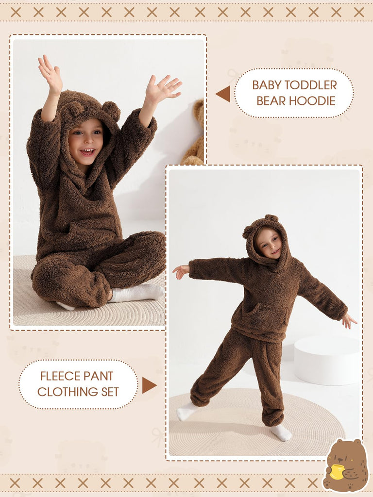 Toddler Baby Fleece Set Bear Hoodie with Ears Fuzzy Winter Sweatsuit Warm Hooded Sweatshirt & Sweatpants for Boys