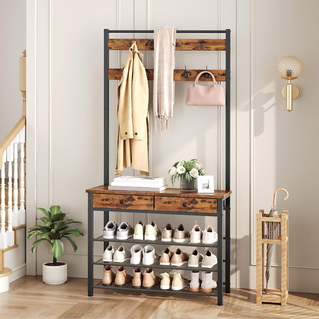 Hall Tree, Entryway Coat and Shoe Rack, 2 Fabric Drawers, Hall Tree with Bench, Shoe and Coat Rack, Coat Rack with