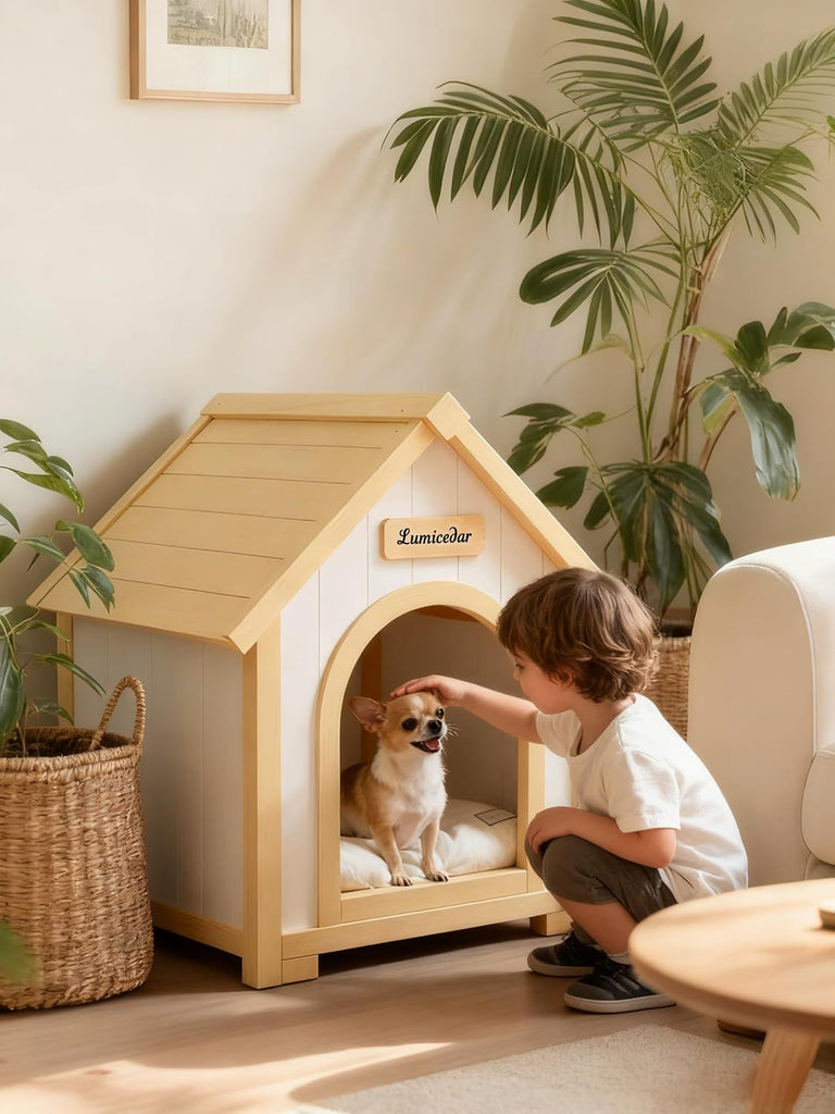 Natural Solid Wood Pet House, Outdoor Indoor for Small Dog & Cat