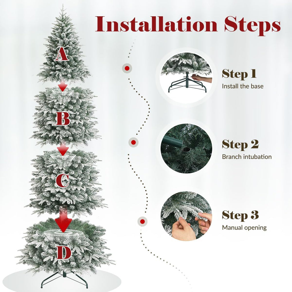Pre-Lit Slim Christmas Tree with Remote & Color/Warm White 500 LED Lights, 2300 PE/PVC Tips, Snow Flocked