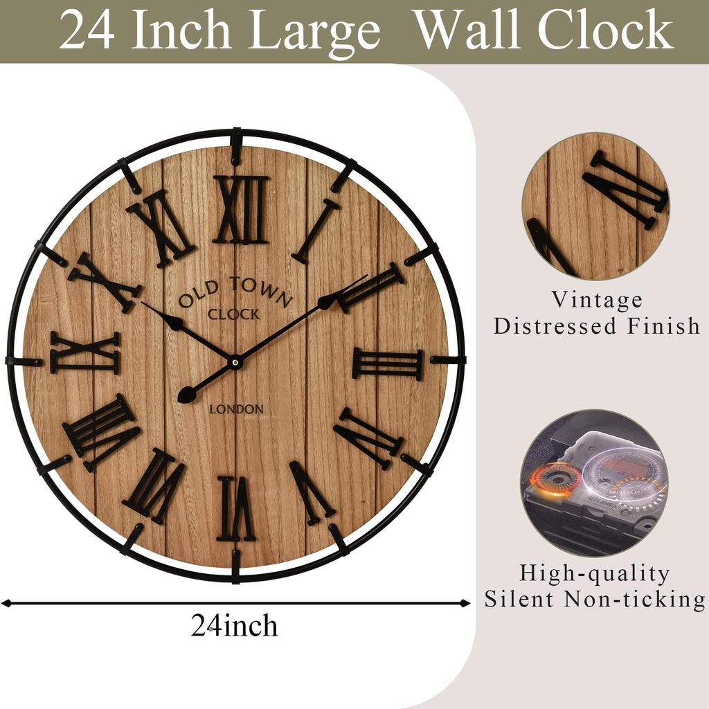 24 Inch Large Farmhouse Wall Clock, Natural Wood Grain Face with Black Metal Frame, Silent Non-Ticking Quartz