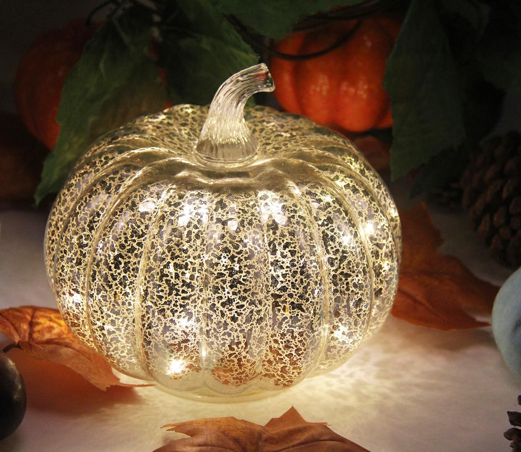 Decorations, Mercury Glass Pumpkin Lights with Timer(Silver)