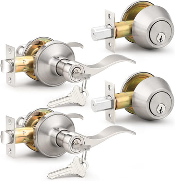 Entrance Door Lever Deadbolt Sets Drop Style Entry Door Handle Set with Single Cylinder Deadbolt in Satin Nickel