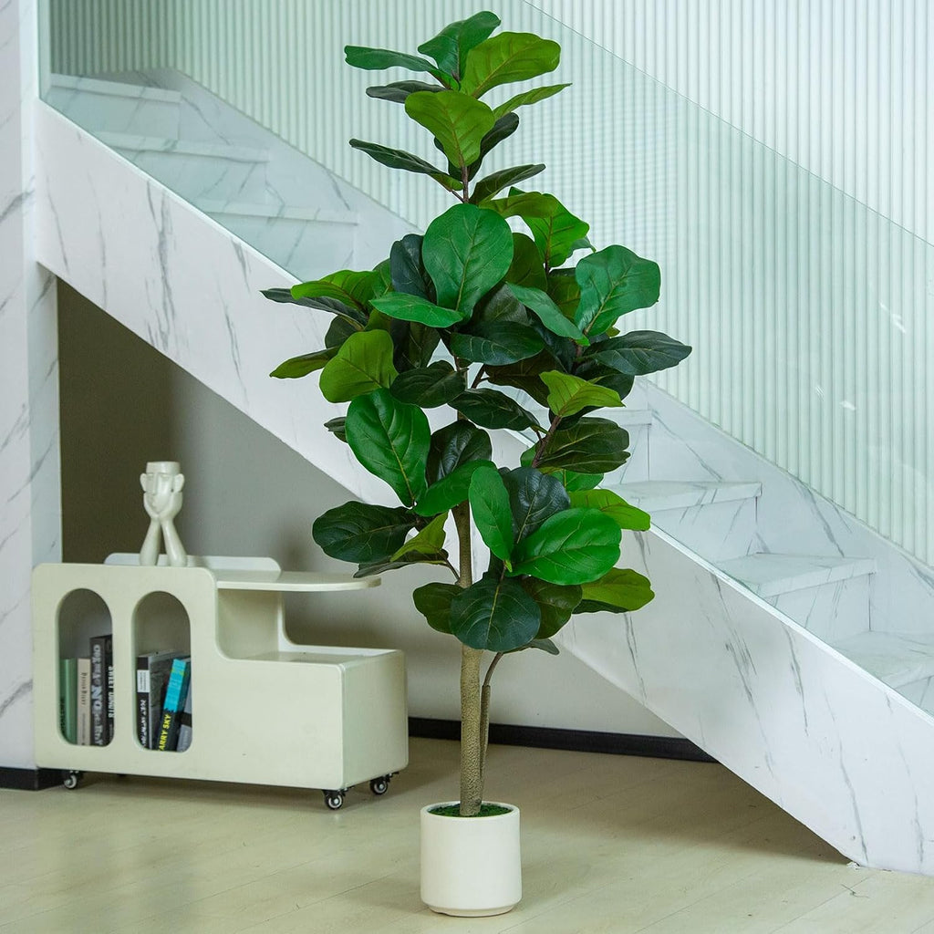 5FT Fiddle Leaf Fig Artificial Tree with White Planter Pot,Faux Floor Plant, Indoor and Outdoor Fake Plants Decor
