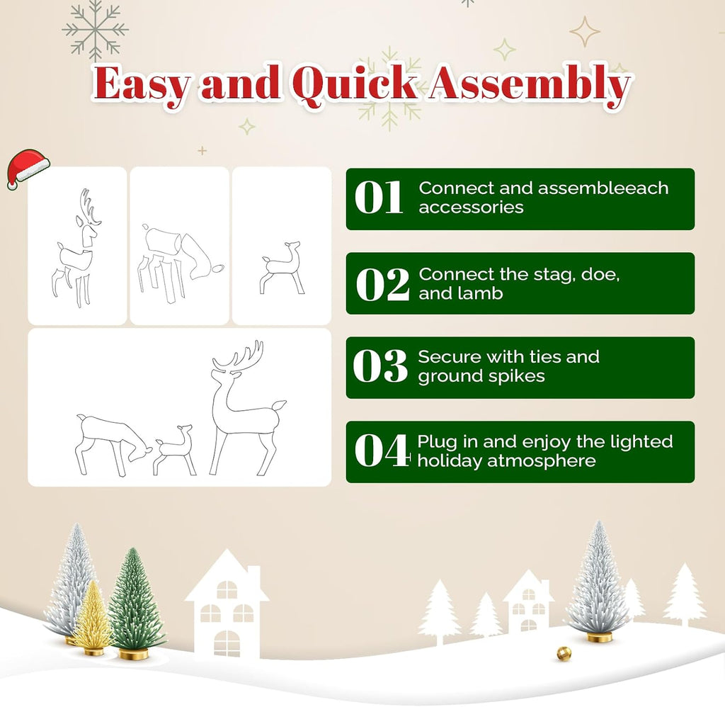 3-Piece Lighted Christmas Golden Reindeer Family Set, 5FT White Buck Doe Fawn Outdoor Decorations, Weatherproof Deer