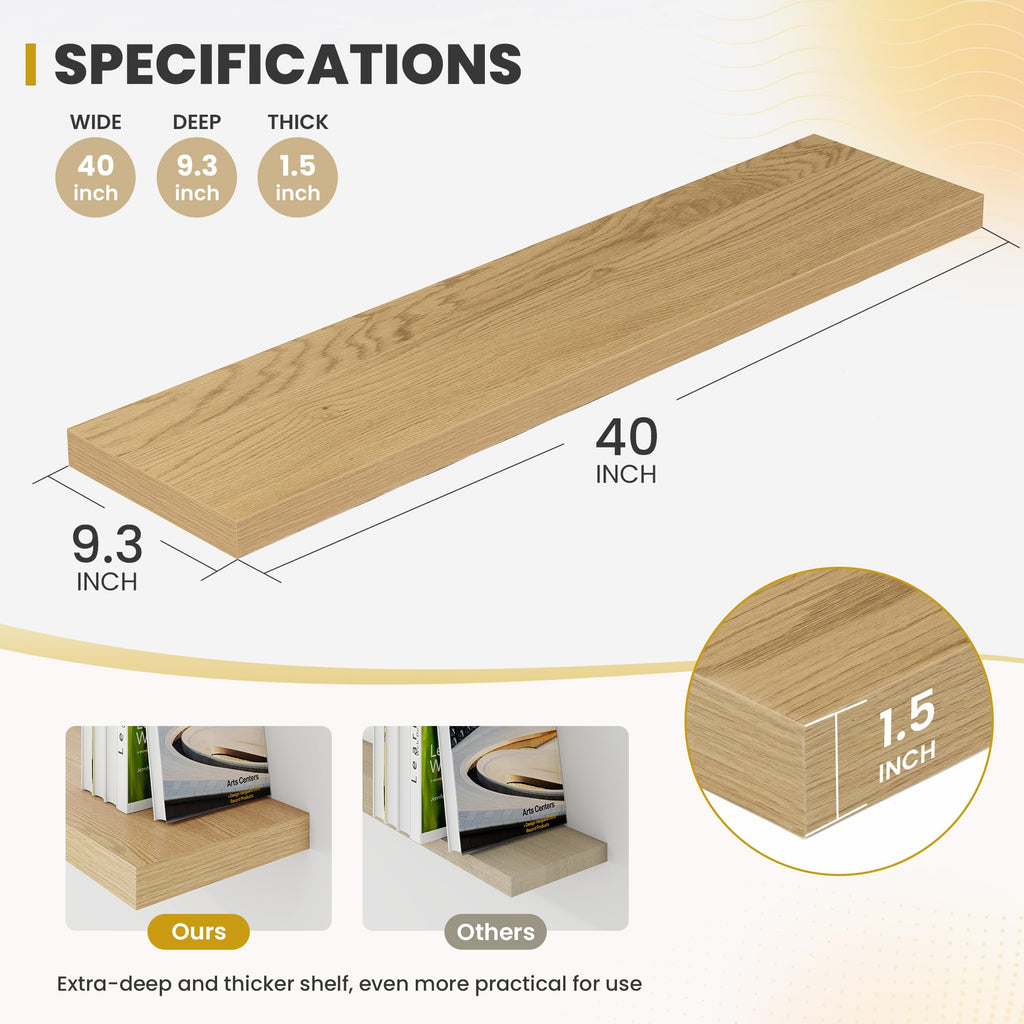 40 Inch Floating Shelves, 9.3" Deep Floating Shelf Wall Mounted, 40" Wall Shelves, Rustic Deep Bookshelf, Large