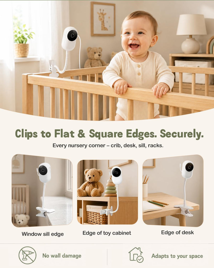 Monitor with Camera and Audio, No WiFi, Crib Clip, Stand & Wall Mount