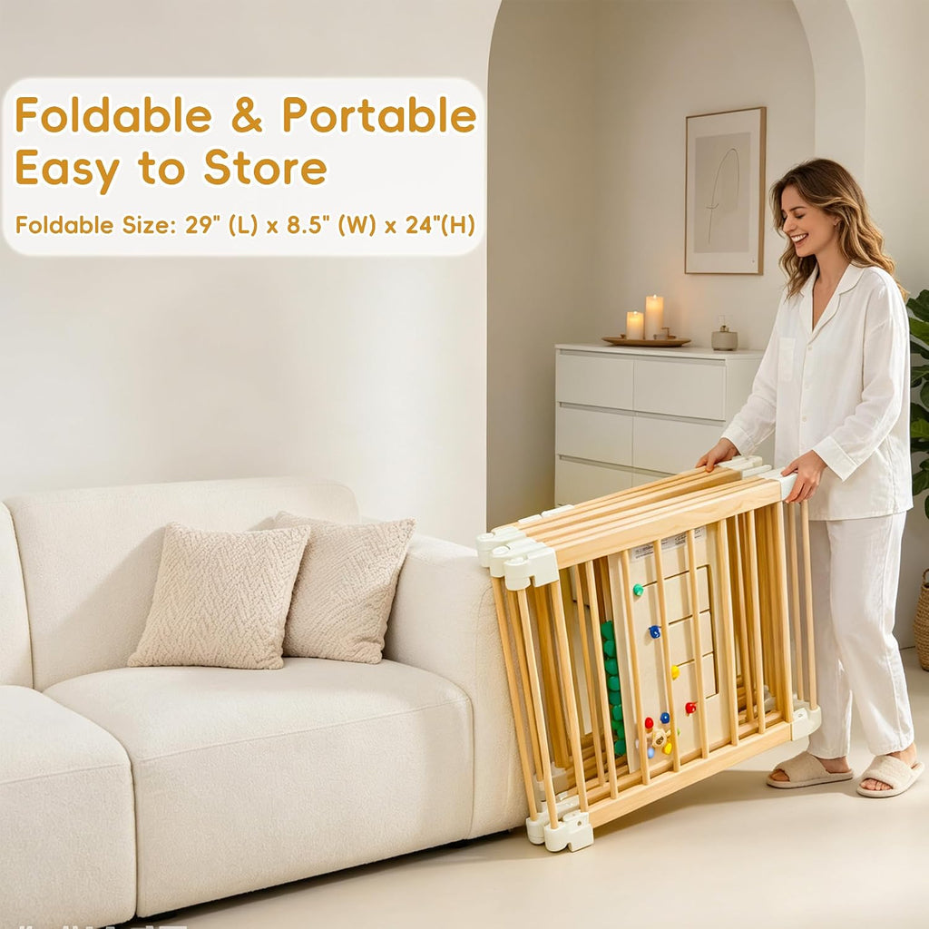Foldable Wooden Baby Playpen, 58"x58"x24" Adjustable Shape & Size Playpen for Babies and Toddlers, Natural Pine Wood