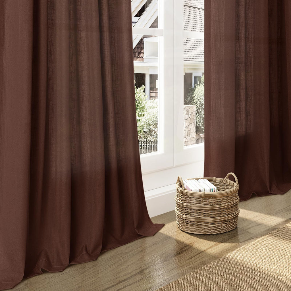 Rustic Brown Linen Curtains 84 Inch Length 2 Panels Set Rod Pocket Back Tab Light Filtering Window Drapes Dining Room