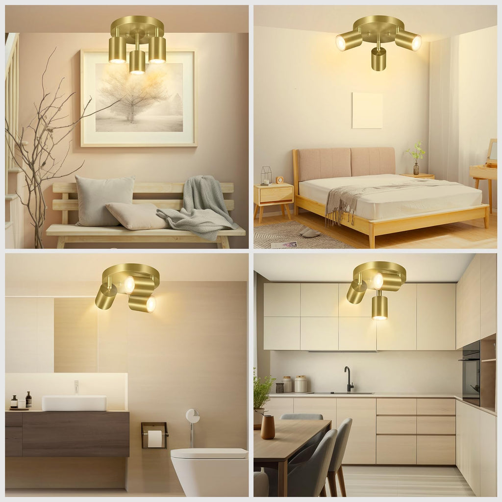 LED 3 Light Track Lighting Kit, LED Track Lighting Fixtures, Gold Round Ceiling Spot Lighting, Flexibly Rotatable